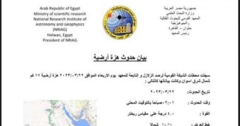 زلزال بقوة 4 درجات على مقياس ريختر يضرب مدينة أسوان