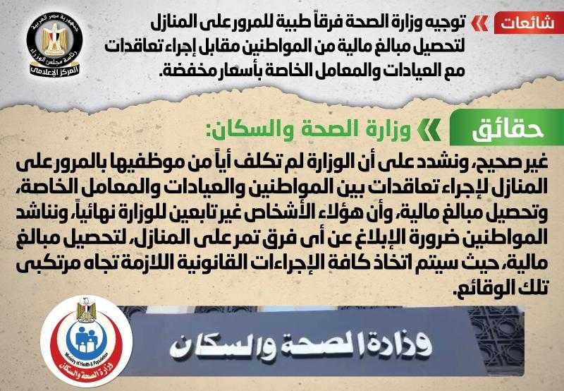 الصحة تنفى توجيه فرق طبية للمنازل لتحصيل أموال مقابل التعاقد مع عيادات خاصة بسعر مخفض