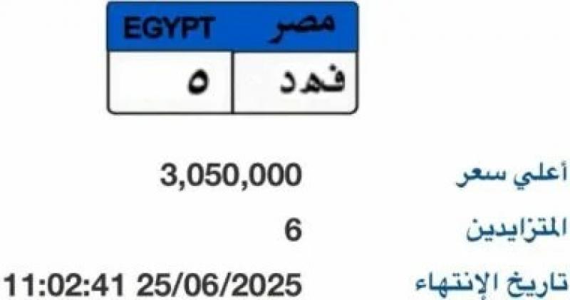 سعر ”فهد - 5” يتخطى 3 ملايين جنيه فى مزاد اللوحات المميزة للسيارات